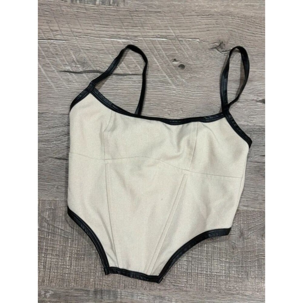 White Fox Beige Corset Crop Top Black Trim Size XS